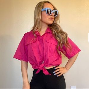 Hot pink button up short sleeve shirt